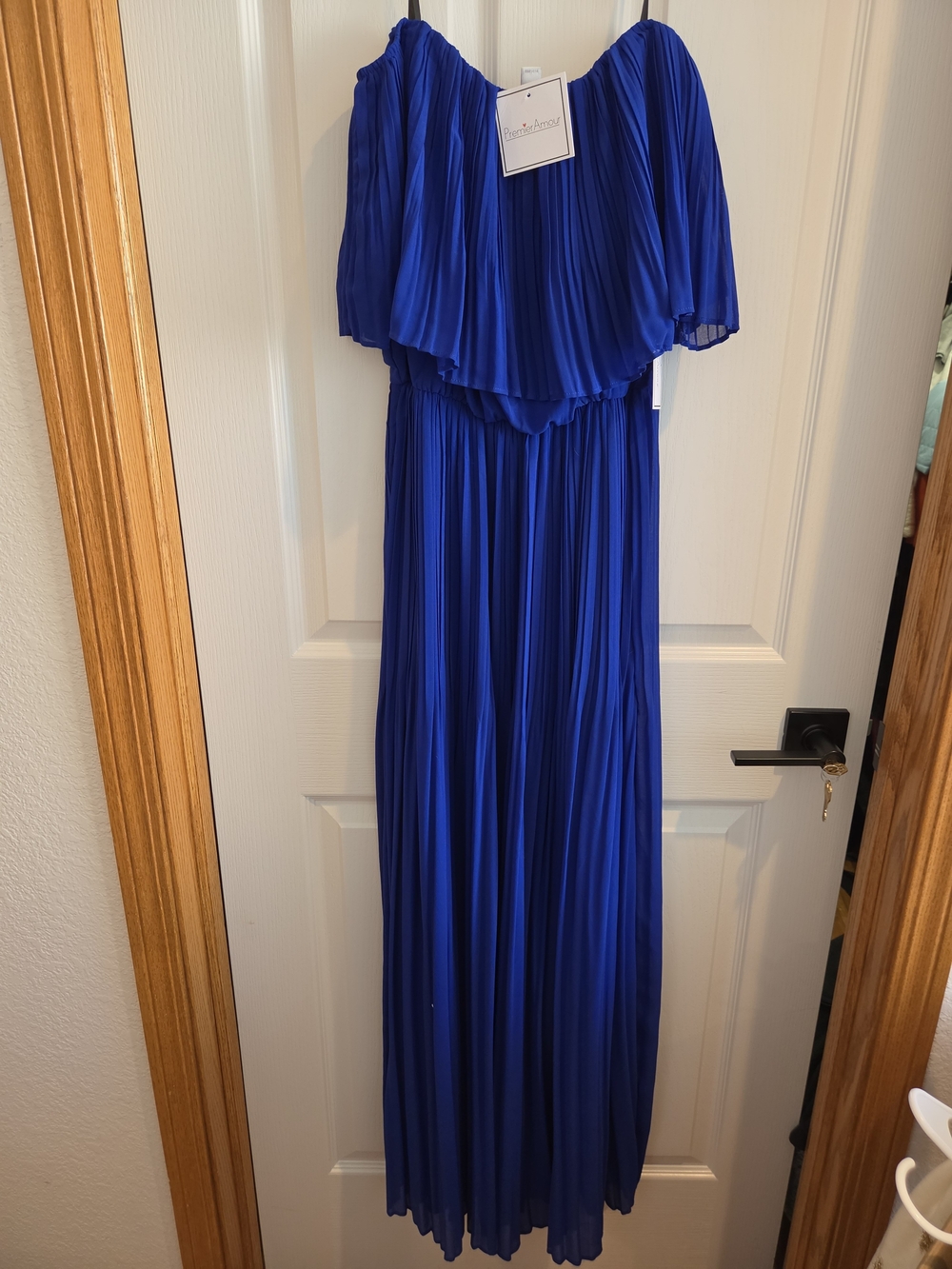 Pleated Off-Shoulder Maxi Dress in Cobalt Blue by Rachel Allan